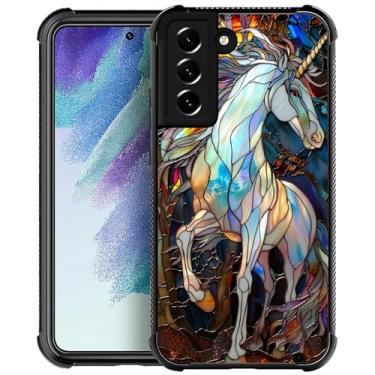 Imagem de CARLOCA Capa compatível com Samsung Galaxy S21 para meninas à prova de choque antiarranhões capa traseira de PC rígida estética padrão branco unicórnio colorido vitral
