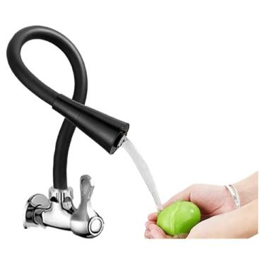 Imagem de Torneira de cozinha flexível de parede preta com jato duplo e cônico de 1/4 de volta