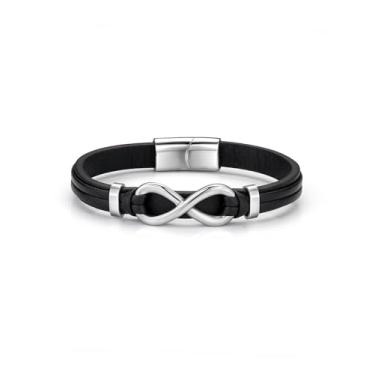 Imagem de Zysta Pulseira masculina de couro infinito com fecho de aço inoxidável, pulseira preta de couro legítimo, símbolo do amor infinito, joias de aniversário Love You Forever, Medium, Sem Pedra Preciosa