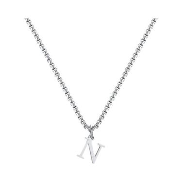 Imagem de Colar Masculino De Aço Inoxidável Prata Com Pingente De Letra A-Z E Co