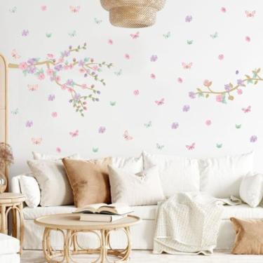 Imagem de adesivo de parede galhos e folhas aquarela borboletas - adesivos kigru