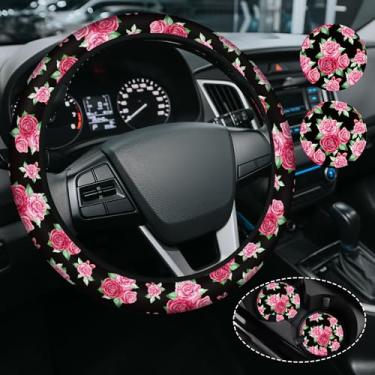 Imagem de Capa de volante floral de flor de rosa para mulheres e meninas, acessórios de neoprene elástico antiderrapante capas de volante, universal de 38 cm para carros, SUVS, inclui 2 porta-copos de cerâmica
