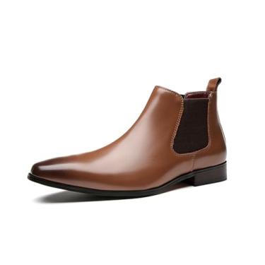 Imagem de Bota masculina Chelsea para negócios, sem cadarço, de couro polido, salto baixo, bico quadrado, Marrom, 39 BR