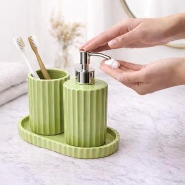 Imagem de Kit Banheiro Cerâmica Verde Agua Porta Escova Porta Sabonete Líquido 4