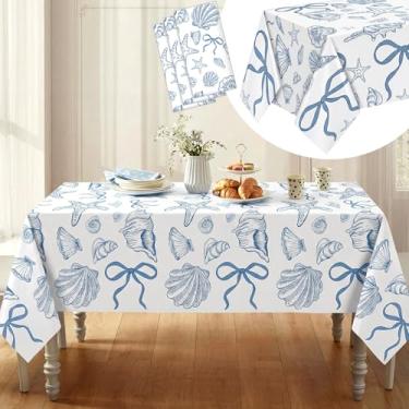 Imagem de Moukeren 3 peças toalha de mesa azul concha concha de plástico decoração de mesa de festa na praia 107,9 x 54 polegadas oceano estrela do mar toalha de mesa retangular para a piscina, aniversário