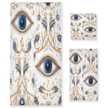 Imagem de xigua Conjunto de toalhas de banheiro com olhos turcos azuis, absorvente macio, toalha de banho de 3 peças, toalha de mão, toalhas decorativas para banheiro, academia, hotel, praia, piscina
