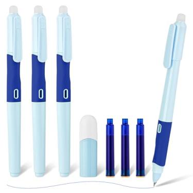 Imagem de M&G Canetas-tinteiro, 3 canetas-tinteiro apagáveis com 3 cartuchos de tinta azul recarregáveis, ponta de aço inoxidável, caneta de escrita suave de ponta fina para material escolar de escritório (azul