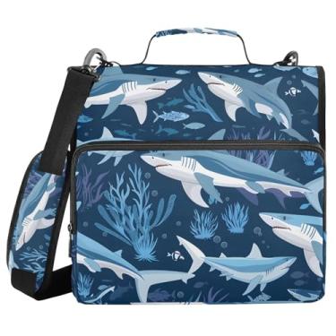 Imagem de Sharks Bolsa de fichário com zíper oceano azul, 3 argolas com alça de ombro, zíper, capacidade para 500 folhas, vários bolsos para material de escritório escolar