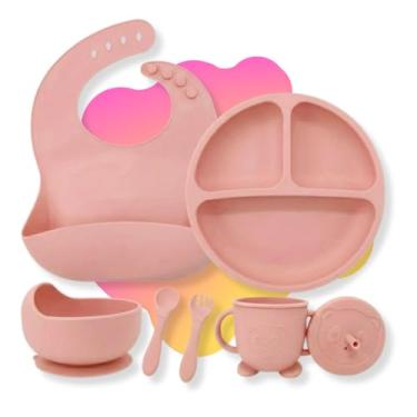 Imagem de Kit Introdução Alimentação Bebê 6 Peças em Silicone com Ventosa – Colher, Garfo, Copinho e Pratinho Atóxicos, Sem Pontas, Livre de BPA - Qualidade Premium LNSTORE (Rosa)