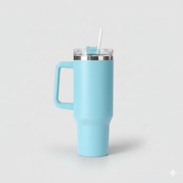 Imagem de Copo Térmico Quencher 1200ml com Canudo e Alça - Garrafa Térmica Inox Parede Dupla - Mantém Gelado 4h e Quente 1h - Ideal para Academia, Trabalho e Viagem (Azul Claro)