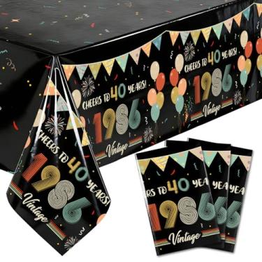 Imagem de 3 peças toalhas de mesa vintage de 40 anos, capas de mesa 1986 tema Cheers to 40 anos para homens e mulheres, 1986 retrô 137.2 cm x 274.3 cm toalha de mesa plástico retangular, artigos para festa de