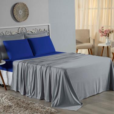 Imagem de Jogo De Cama Queen Nobre 4 Peças Lençol Com Elástico De 30cm De Altura Malha 100% Algodão - Cinza / Royal