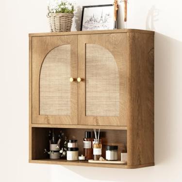 Imagem de RUSTOWN Armário de parede de banheiro de vime, armário de remédios boho com 2 portas arqueadas, armários modernos sobre o vaso sanitário com prateleiras ajustáveis (carvalho rústico)