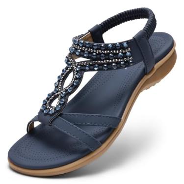 Imagem de Littleplum Sandálias femininas confortáveis com suporte de arco, sapatos de caminhada de verão, casuais, elásticos, chinelos de dedo, Azul royal retrô, 38