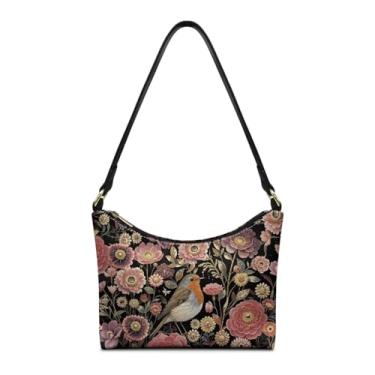 Imagem de SAJJWHHR Bolsa de ombro feminina, pequena bolsa Hobo de couro com fecho de zíper, bolsa casual nas axilas para viagens, Flores de Robin Rosa-Americana, One Size, Casual