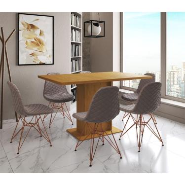 Imagem de Mesa Jantar Londres Retangular Canela 137X90Cm 6 Cadeiras Estofadas Nude Médio Base Cobre