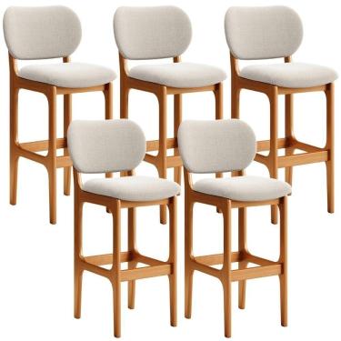 Imagem de Kit 05 Banquetas Alta Bar Cozinha Sala Jantar Fixa Betta L02 Imbuia Bouclê Creme - Lyam Decor