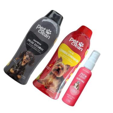 Imagem de Kit PetClean Shampoo Pelos Escuros + Condicionador + Perfume Banho Cãe