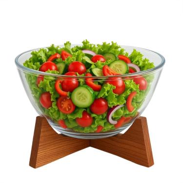 Imagem de Bowl, Saladeira, Tigela Vidro  Borossilicato Suporte Madeira Acacia 2,1litros e 21x21x14cm