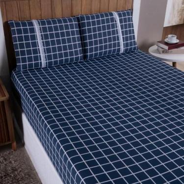 Imagem de Jogo Lençol Queen Quadriculado Elástico Malha 100% Algodão Cor:Geometr