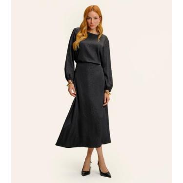 Imagem de Saia Midi Jacquard Acetinado Onças Feminina Preto - Endless, G, Preto
