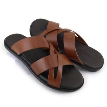 Imagem de Chinelo Masculino Couro Com Tiras Confortável Resistente - Granado, Ma