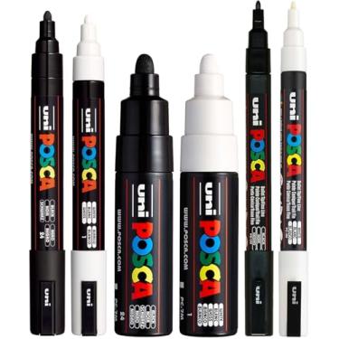 Imagem de Conjunto com 6 canetas POSCA, ponta redonda, preta e branca (PC-5M, PC-7M, PC-3M)
