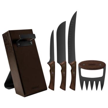 Imagem de Kit para Churrasco Black com Lâminas de Aço Inox Escurecido e Cabos de Madeira 05 Peças para Preparar Cortar e Servir