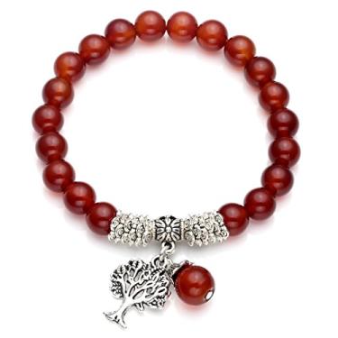 Imagem de Bracelete Top Plaza com pedra da sorte de quartzo rosa árvore da vida Reiki cristal cura pingente pingente pingente pingente pedra do mês de nascimento (6,2")