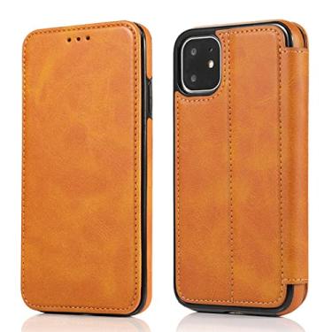 Imagem de GSYH Capa carteira para iPhone 13 Pro Max/13 Pro, couro legítimo suporte compartimentos para cartões capa com fecho magnético à prova de choque estilo livro flip capa fina fina, laranja, 13 Mini 5,4 polegadas