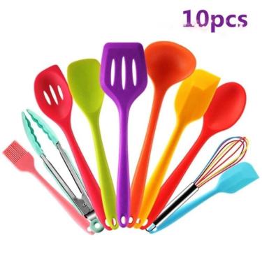 Imagem de Jogo 10 Utensílios Silicone Colorido Colher Concha Pegador