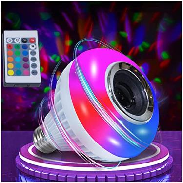 Imagem de AIDENOEY Lâmpada LED para música com alto-falante Bluetooth integrado, base E26 sem fio 12W lâmpada inteligente única, controle remoto, branco + cores RGB para festa, casa, decorações de Natal