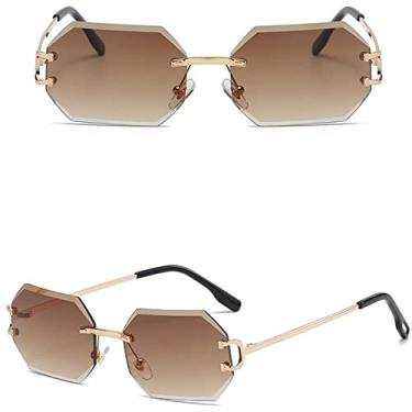 Imagem de Óculos de sol femininos da moda octógono sem aro uv400 óculos retangular de metal dourado sem moldura para homens, ouro com marrom, China