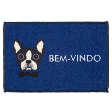 Imagem de Tapete Retangular Bem Vindo Bulldog Azul 60cm X 40cm - Dourados Enxova