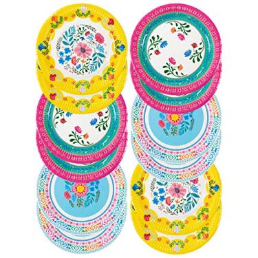 Imagem de Talking Tables Pratos de papel florais coloridos descartáveis, ótimos para decoração de mesa de chá da tarde | Festival, piquenique, festa de aniversário temática Encanto infantil 23 cm, rosa azul