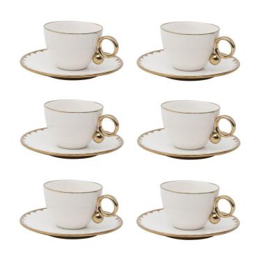 Imagem de Cj 6 Xícaras P/Chá C/Pires de Porcelana EGG Branco/Dourado 200ml Wolff