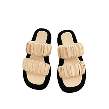 Imagem de Chinelo feminino de verão elegante para uso ao ar livre sandália de salto alto anabela sem cadarço chinelo de alta qualidade, Caqui, 4 Narrow