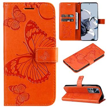 Imagem de Capas de telefone borboleta em relevo compatíveis com Xiaomi 12T 12T Pro capa de couro slots de cartão de visita de luxo clipe de carteira à prova de choque capa de telefone (laranja, Xiaomi 12T Pro)