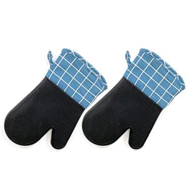 Imagem de Luvas de forno de silicone, luva de forno de cozinha, luvas de forno de cozinha com forro acolchoado, resistente ao calor 500 graus, azul