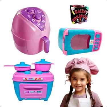 Imagem de Kit Cozinha Infantil Brinquedo Completo C/ Microondas Fogão Airfryer -
