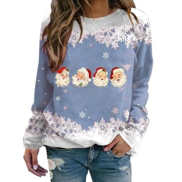 Imagem de Elogoog Camisa feminina Merry Christmas para mulheres, moletom de manga comprida com zíper e bolsos para inverno, A - azul-claro, XXG