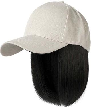 Imagem de YEKEYI Boné de beisebol com extensões de cabelo, peruca sintética para mulheres, boné de beisebol ajustável (bege preto)