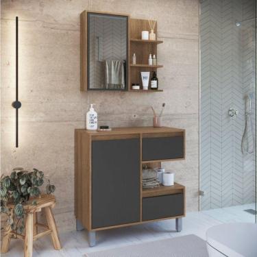Imagem de Gabinete de Banheiro 80cm Paula com Espelheira 01 Porta Sem Cuba Mel/Grafite