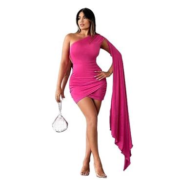 Imagem de Camisa Feminina Sexy Asymmetrical Neck Ruched Split Sleeve High Waist Short Dress (Color : Pink, Size : CH)