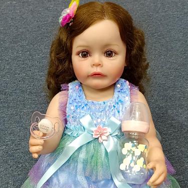 Imagem de SHENGX Bebê Reborn, Bebe Reborn Boneca Silicone 20" Meninas Olhos abertos, cabelo castanho, vestido Com Bico De Mamadeira AcessóRios, Silicone Realista Menina,Corpo De Pano