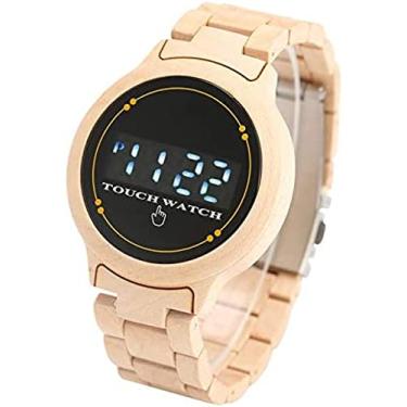 Imagem de Relógio de madeira com tela sensível ao toque led relógio eletrônico de madeira masculino pulseira de madeira digital relógio de pulso dobrável fecho esporte casual relógios masculinos prese