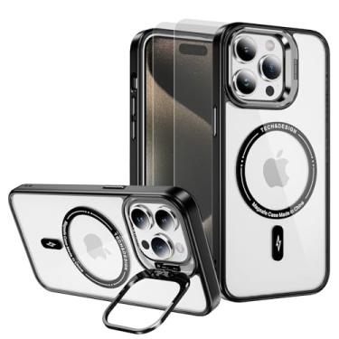 Imagem de Fudley Capa magnética para iPhone 15 Pro Max [compatível com MagSafe] com 2 películas de vidro temperado, capa protetora de nível militar, capa de telefone com suporte embutido, preto transparente