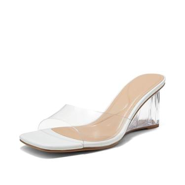 Imagem de Arromic Sandálias femininas de salto anabela transparente nude bico aberto sem cadarço salto baixo sexy transparente vestido de verão festa noite casamento vestido de formatura slide cunha mules
