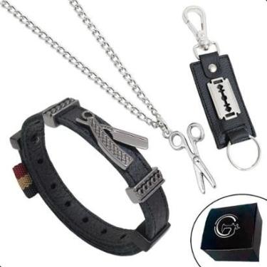 Imagem de Kit Pulseira Navalhete Colar Corrente Tesoura Chaveiro Cabeleireiro - NE-Unissex
