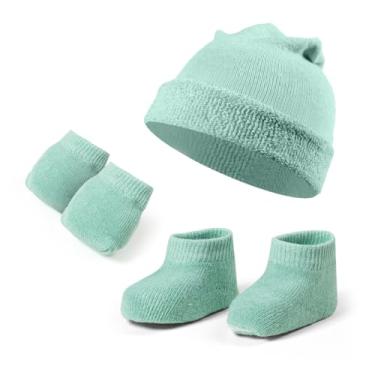 Imagem de Kit 03 peças Recém Nascido Maternidade Enxoval Meia, Touca E Luva para Meninos e Meninas (Verde, Recém Nascido)